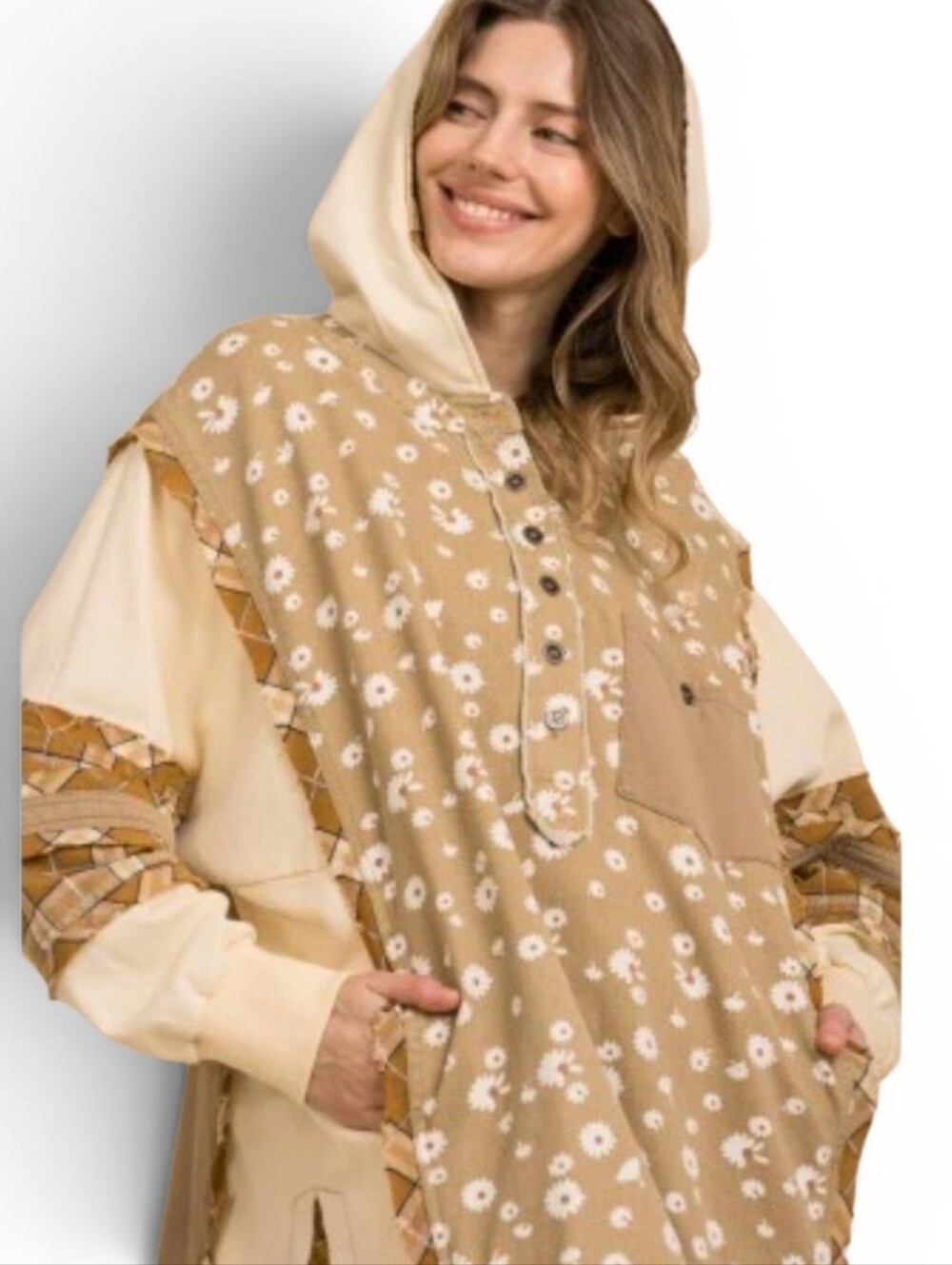 Petals And Plaid Long Hoodie Shacket Mushroom Denim Mix M/L